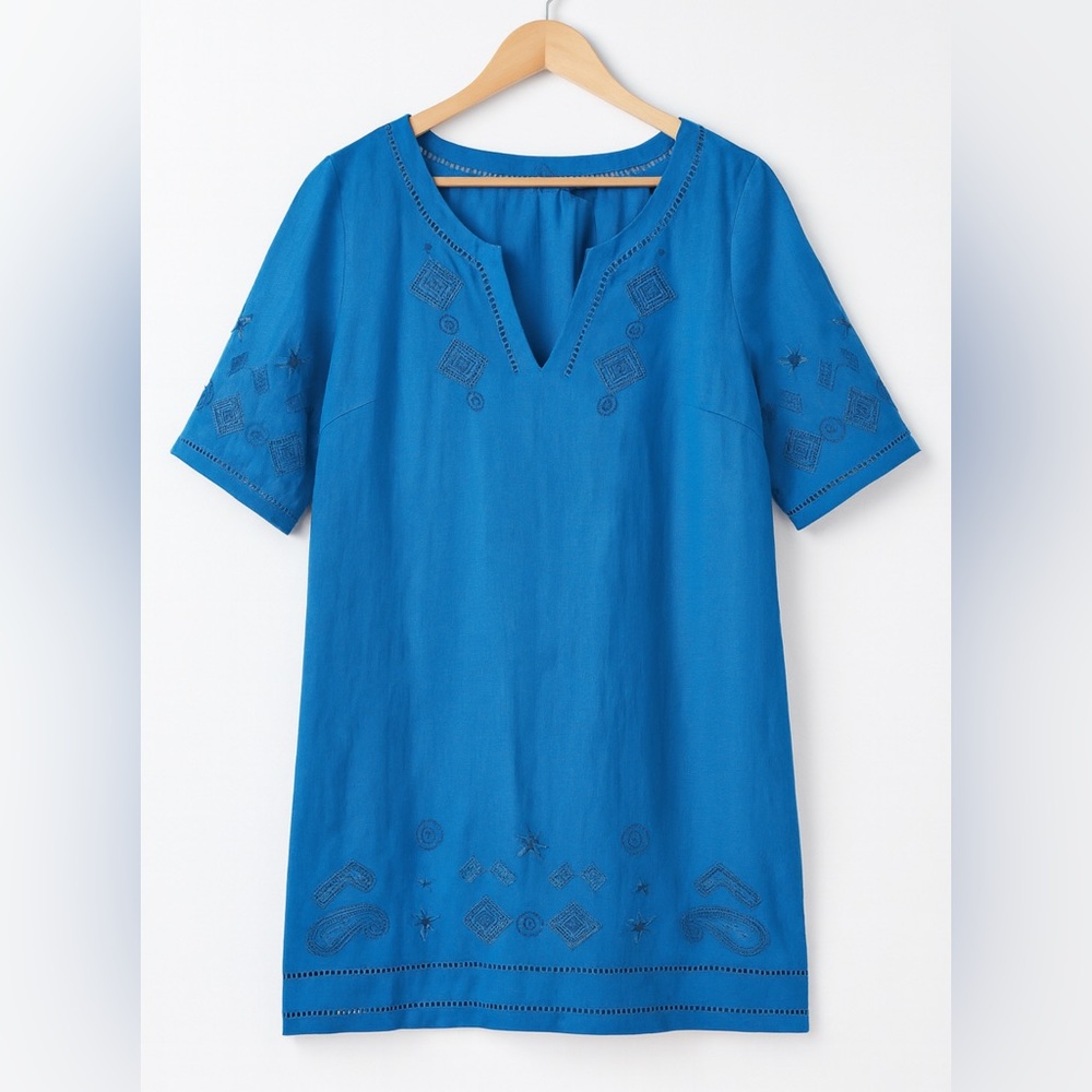 Vintage Caroll Womens Linen Cotton Embroidered Floral Shift Dress sz 40-XL Boho